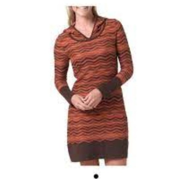 Prana “Meryl” Chevron Orange and Brown Hooded Sweater Dress Size Small - Picture 6 of 6